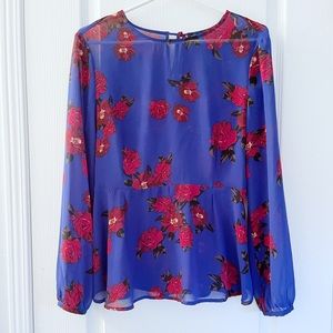 Dynamite Blue Floral Sheer Peplum Long sleeve Top